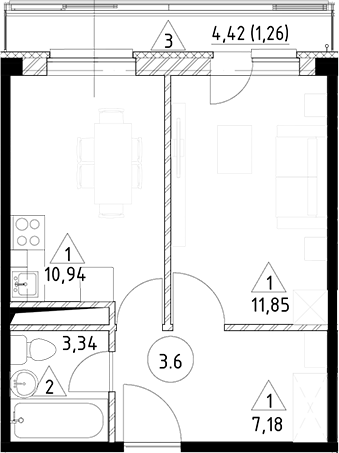 Планировка — Горки Марусино, 1-комн., 33 м²