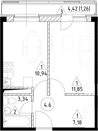 Планировка — Горки Марусино, 1-комн., 33 м²