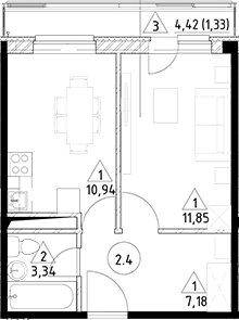 Планировка — Горки Марусино, 1-комн., 33 м²