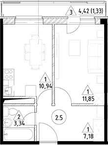 Планировка — Горки Марусино, 1-комн., 33 м²