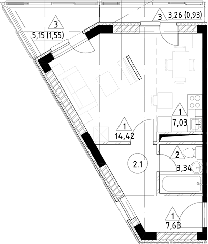 Планировка — Горки Марусино, Студия, 33 м²