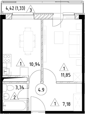 Планировка — Горки Марусино, 1-комн., 33 м²