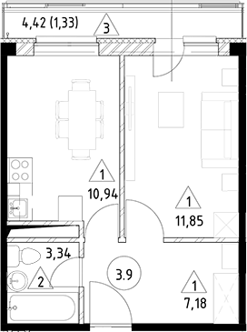 Планировка — Горки Марусино, 1-комн., 33 м²