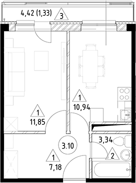 Планировка — Горки Марусино, 1-комн., 33 м²