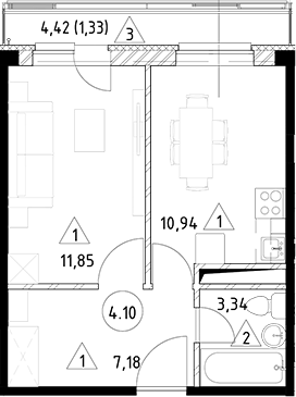 Планировка — Горки Марусино, 1-комн., 33 м²
