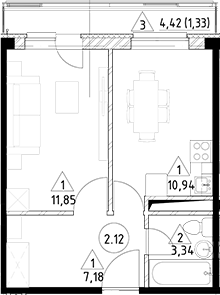 Планировка — Горки Марусино, 1-комн., 33 м²