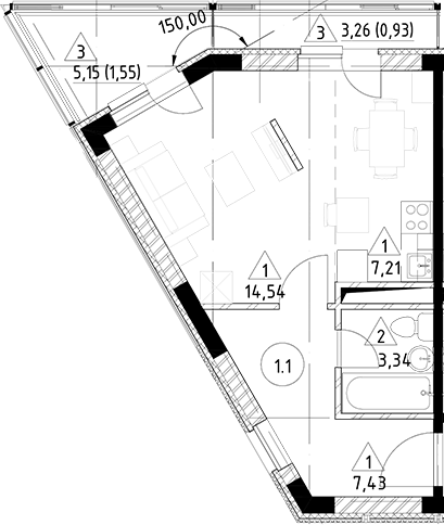 Планировка — Горки Марусино, Студия, 33 м²