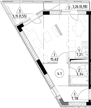 Планировка — Горки Марусино, Студия, 34 м²