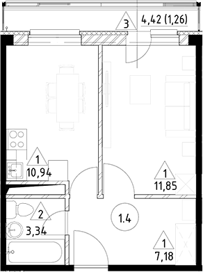 Планировка — Горки Марусино, 1-комн., 33 м²