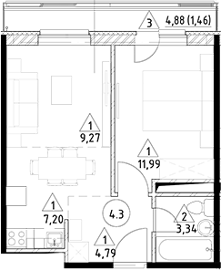 Планировка — Горки Марусино, 2-комн., 37 м²