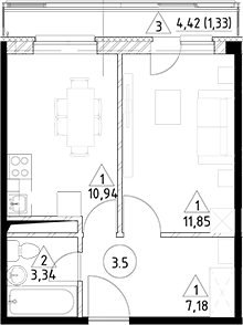 Планировка — Горки Марусино, 1-комн., 33 м²