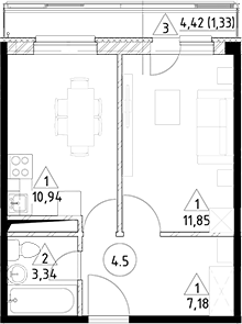 Планировка — Горки Марусино, 1-комн., 33 м²