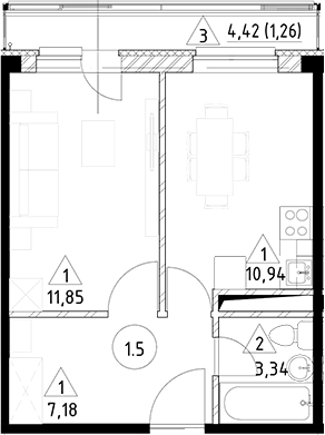 Планировка — Горки Марусино, 1-комн., 33 м²