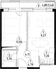 Планировка — Горки Марусино, 2-комн., 37 м²