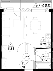 Планировка — Горки Марусино, 1-комн., 33 м²