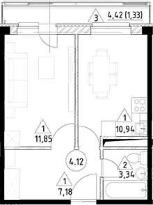 Планировка — Горки Марусино, 1-комн., 33 м²