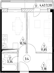 Планировка — Горки Марусино, 1-комн., 33 м²