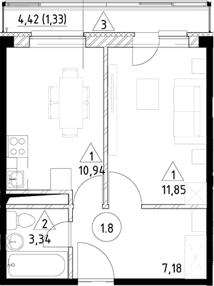 Планировка — Горки Марусино, 1-комн., 33 м²