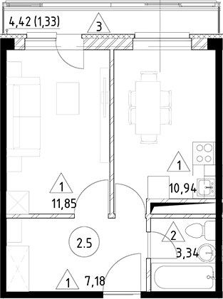 Планировка — Горки Марусино, 1-комн., 33 м²