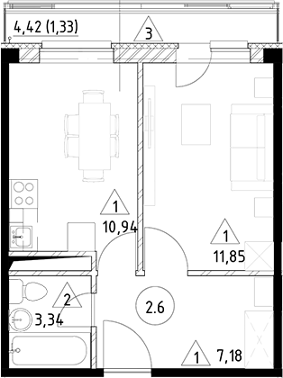 Планировка — Горки Марусино, 1-комн., 33 м²