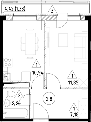 Планировка — Горки Марусино, 1-комн., 33 м²