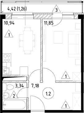 Планировка — Горки Марусино, 1-комн., 33 м²