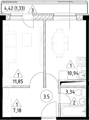 Планировка — Горки Марусино, 1-комн., 33 м²