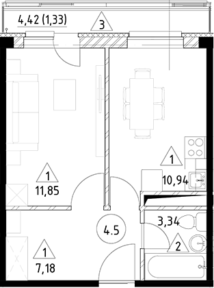 Планировка — Горки Марусино, 1-комн., 33 м²