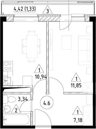 Планировка — Горки Марусино, 1-комн., 33 м²