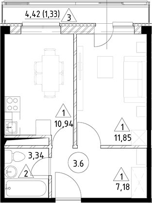 Планировка — Горки Марусино, 1-комн., 33 м²