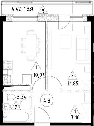 Планировка — Горки Марусино, 1-комн., 33 м²