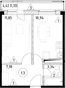 Планировка — Горки Марусино, 1-комн., 33 м²