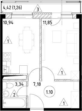 Планировка — Горки Марусино, 1-комн., 33 м²