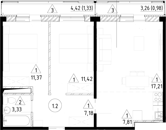 Планировка — Горки Марусино, 3-комн., 58 м²