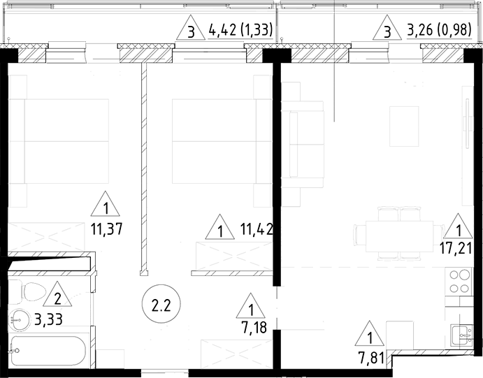 Планировка — Горки Марусино, 3-комн., 58 м²