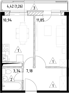 Планировка — Горки Марусино, 1-комн., 33 м²