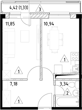 Планировка — Горки Марусино, 1-комн., 33 м²