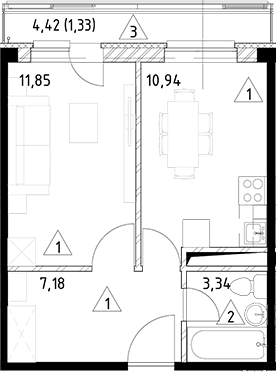 Планировка — Горки Марусино, 1-комн., 33 м²