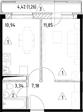 Планировка — Горки Марусино, 1-комн., 33 м²