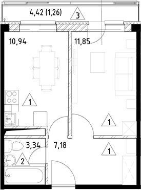Планировка — Горки Марусино, 1-комн., 33 м²