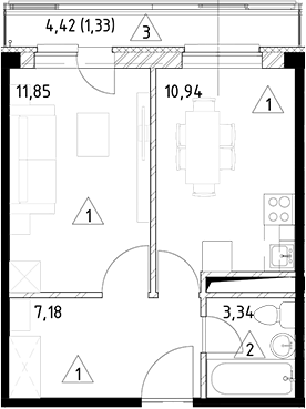 Планировка — Горки Марусино, 1-комн., 33 м²