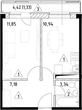 Планировка — Горки Марусино, 1-комн., 33 м²