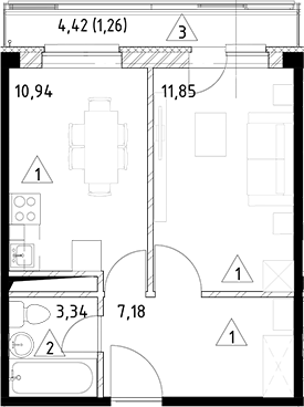 Планировка — Горки Марусино, 1-комн., 33 м²
