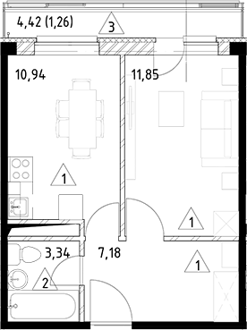 Планировка — Горки Марусино, 1-комн., 33 м²