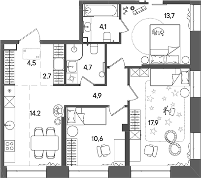 Планировка — СТОУН Райз, 3-комн., 82 м²