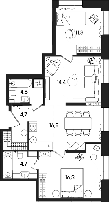 Планировка — СТОУН Райз, 4-комн., 73 м²