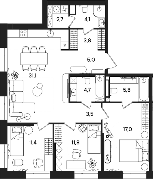 Планировка — СТОУН Райз, 4-комн., 101 м²