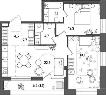 Планировка — СТОУН Райз, 3-комн., 70 м²