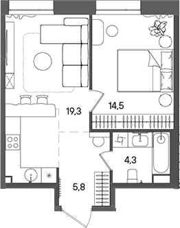 Планировка — СТОУН Райз, 2-комн., 44 м²
