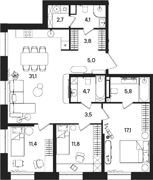 Планировка — СТОУН Райз, 4-комн., 101 м²